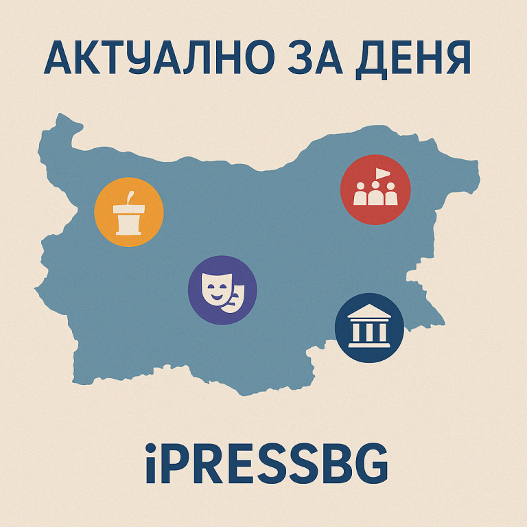 Карта на България с икони за основни събития – пресконференции, протести, културни прояви и политически новини.