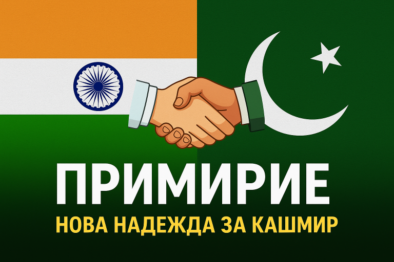 Флагове на Индия и Пакистан с ръкостискане – примирие за Кашмир