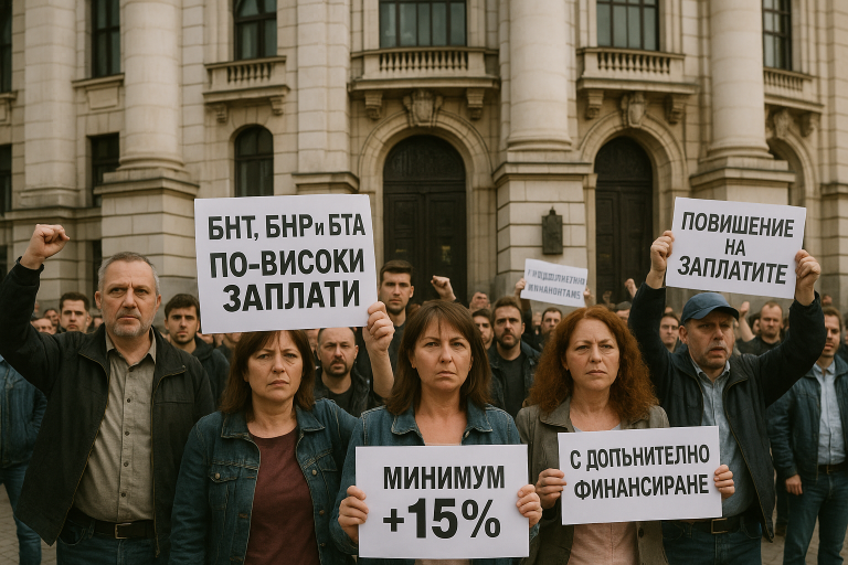 Протест на журналисти и технически служители от БНТ, БНР и БТА пред Софийския университет – 15 май 2025 г.