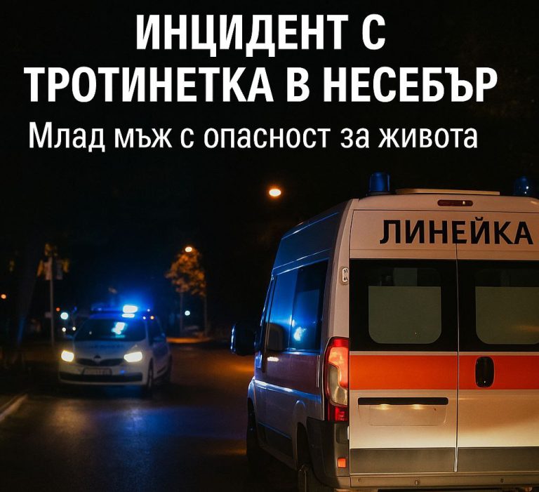 Нощна сцена от мястото на инцидента с тротинетка в Несебър, с линейка и полицейски автомобил на пътното платно